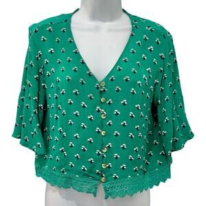 Superdry Cropped Green Floral Button Down Boxy Short Sleeve Lace Trim Top size 8